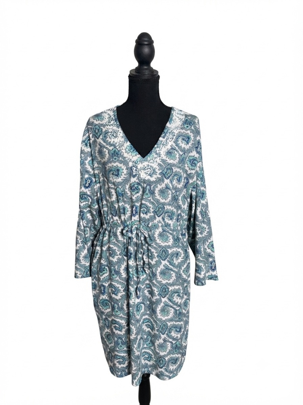Talbots Blue Green Paisley Print Cotton Drawstring Waist Tunic Dress Size XL